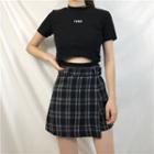 Set: Letter Embroidered Cropped Top + Plaid Wrapped Skort