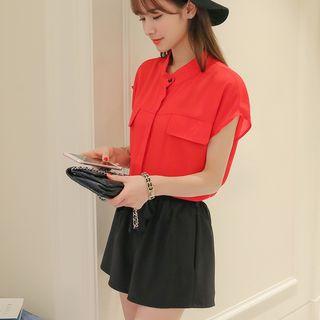 Stand Collar Short-sleeve Chiffon Blouse