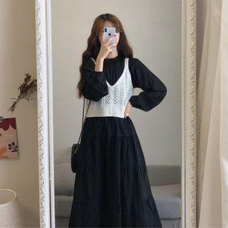 Set: Long-sleeve A-line Dress + Sleeveless Top