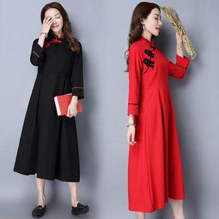 Stand-collar Linen Cotton Long-sleeve Dress