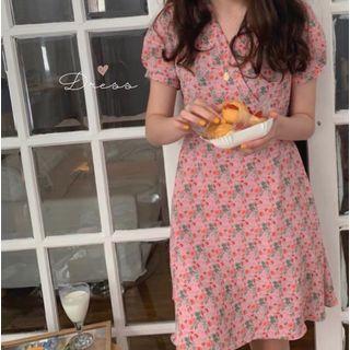 Floral Print Short-sleeve Mini A-line Dress Floral - Pink - One Size
