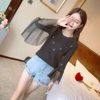 Bell Sleeve Floral Tulle Panel Top