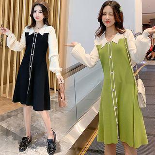 Long-sleeve Paneled Buttoned A-line Chiffon Dress