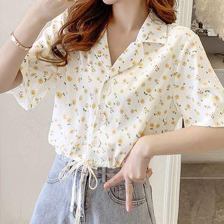 Short-sleeve Floral Drawstring-hem Cropped Blouse