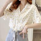 Short-sleeve Floral Drawstring-hem Cropped Blouse