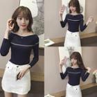 Contrast Trim Boatneck Long-sleeve Knit Top