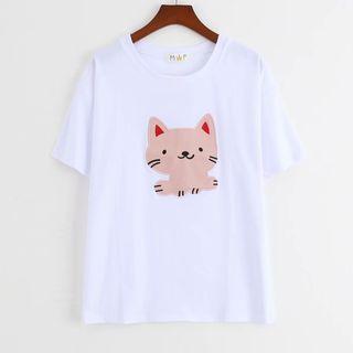 Short-sleeve Cartoon Cat Applique T-shirt White - One Size