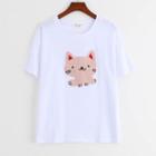 Short-sleeve Cartoon Cat Applique T-shirt White - One Size