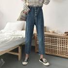 Single-breasted Frayed High-waist Cropped Jeans