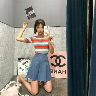 Set: Stripe Knit Top + Mini Pleat Skirt