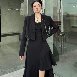 Spaghetti Strap Irregular A-line Dress / Chained Cropped Single-breasted Blazer