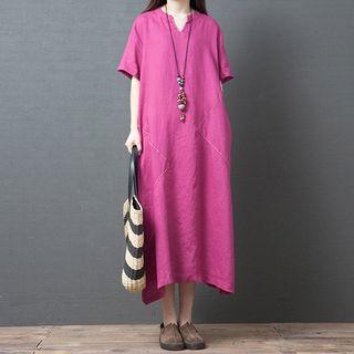 Plain Split-neck Short-sleeve Midi Shift Dress