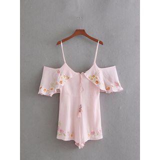 Embroidered Cold Shoulder 3/4-sleeve Playsuit