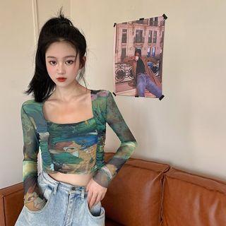 Long-sleeve Cropped Printed Top