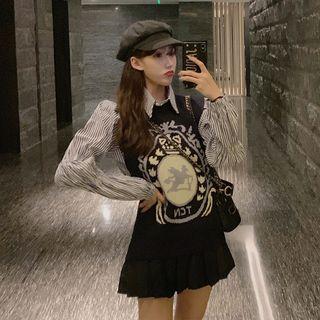 Striped Shirt / Jacquard Knit Vest / Pleated Skirt