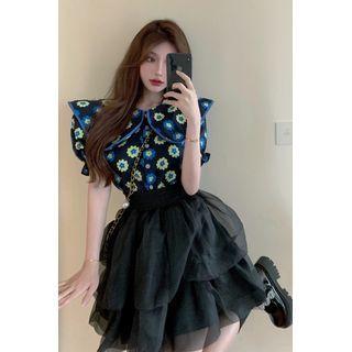 Puff-sleeve Floral Print Blouse / Layered A-line Mesh Skirt