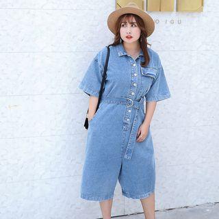Elbow-sleeve Capri Denim Jumpsuit