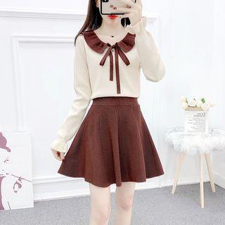 Tie-neck Knit Top / A-line Mini Rib Knit Skirt / Set
