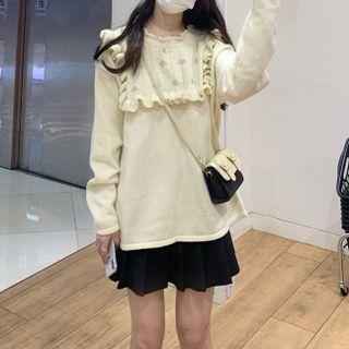 Long-sleeve Ruffle Trim Knit Top Cream - One Size