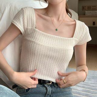 Short-sleeve Square-neck Top Beige - One Size