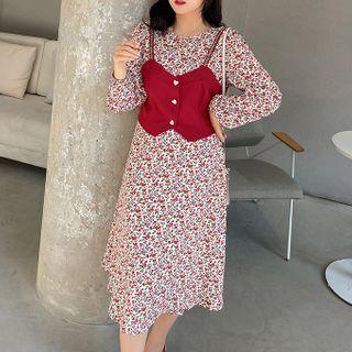 Set: Long-sleeve Floral Print Midi A-line Dress + Spaghetti Strap Top
