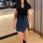 Short-sleeve Cropped Top / Denim Skirt