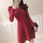 Puff-shoulder Knit Flare Dress
