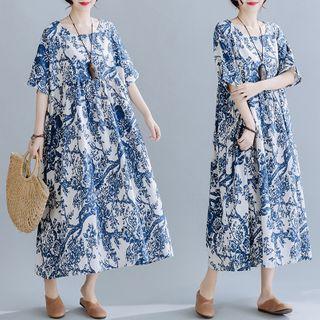 Printed Short-sleeve Midi A-line Dress Blue - One Size