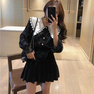 Lace Long-sleeve Loose-fit Blouse / Pleated Skirt