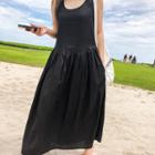Sleeveless Shirred-waist Maxi Linen Dress