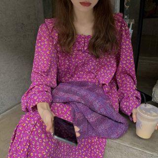 Striped Knit Vest / Flower Print Long-sleeve Midi Shift Dress