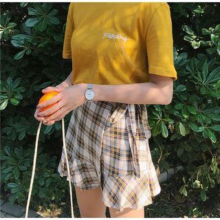 Letter Embroidered Short-sleeve T-shirt / Ruffle Hem Plaid A-line Skirt