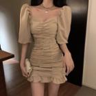 Puff-sleeve Dress Khaki - One Size