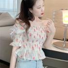 Puff-sleeve Floral Crop Top Floral - White - One Size