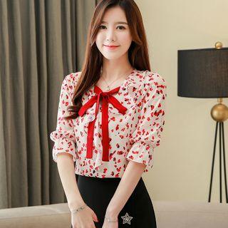 Short-sleeve Printed Tie-neck Blouse