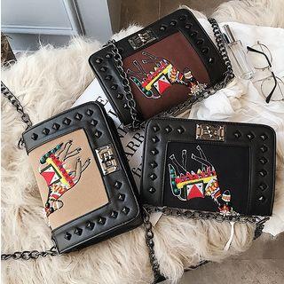 Horse Embroidered Studded Crossbody Bag