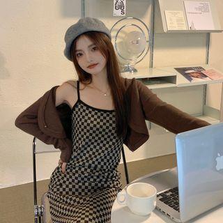 Cropped Open-front Jacket / Spaghetti Strap Checkered Midi Sheath Dress