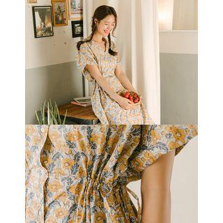 V-neck Floral Long Dress Beige - One Size
