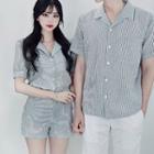 Couple Matching Set: Striped Short-sleeve Blouse + Shorts / Striped Short-sleeve Shirt