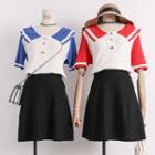 Set: Marine-collar Polo Shirt + A-line Skirt