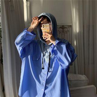 Striped Panel Button-up Hooded Jacket