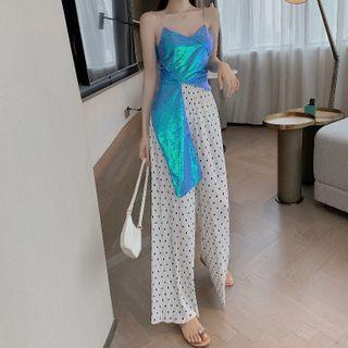 Sequined Camisole Top / Dotted Wide-leg Pleated Pants
