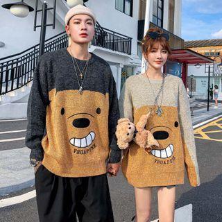Cartoon Bear Embroidered Crewneck Sweater