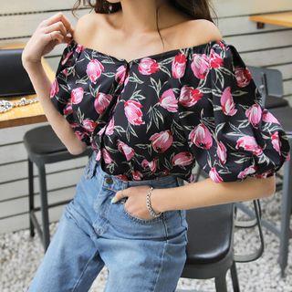 Off-shoulder Puff-sleeve Floral Blouse