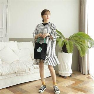 3/4-sleeve Ruffle-hem Stripe Dress