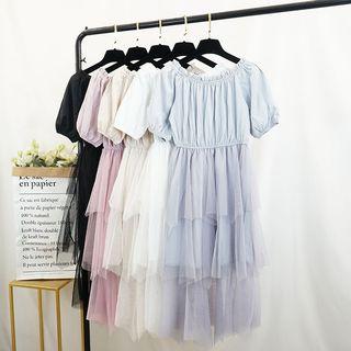 Off-shoulder Midi Mesh Layered Dress