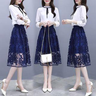 Set: 3/4-sleeve Embroidered Chiffon Top + Midi Lace Skirt