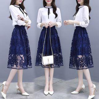 Set: 3/4-sleeve Embroidered Chiffon Top + Midi Lace Skirt