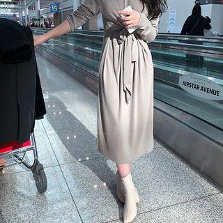 Tie Waist Long-sleeve Midi Dress Gray - One Size
