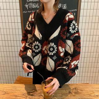 Floral Jacquard V-neck Sweater Black - One Size